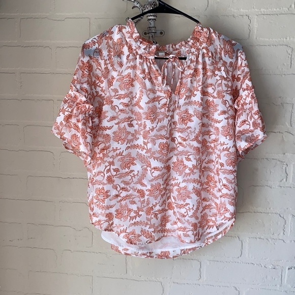Loft floral blouse coral popover xs‎ petite peasant shirt lined polyester - Picture 2 of 5